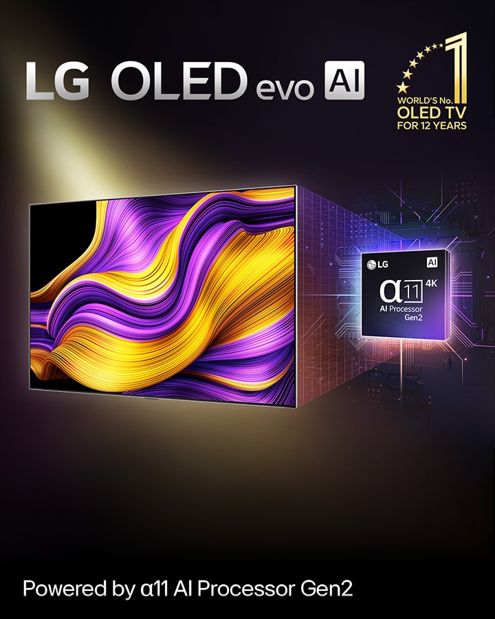 En la pantalla de una TV LG OLED evo con IA aparece una imagen abstracta con detalles, colores y un contraste impactantes. Detrás de la TV, se muestra una versión ampliada del procesador alpha?11 AI Gen2. Brilla con una luz que ilumina los circuitos de microchips a su alrededor. El título dice LG OLED evo AI. También puede verse el texto: Con la tecnología del procesador LG alpha?11 AI Gen2. En la esquina hay un logotipo dorado con estrellas que dice: OLED TV número uno del mundo durante 12?a?os. 