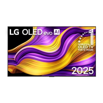 Vista de frente de la Smart TV LG OLED evo AI G5 4K. El emblema de OLED de ser el n.o?1 del mundo durante 12?a?os y el logotipo de LG OLED evo AI?2025 aparecen en la pantalla.
