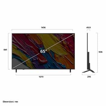 Vista de frente y lateral de la Smart TV LG QNED82 AI 4K en la que se ven sus dimensiones de longitud, ancho, altura y profundidad.