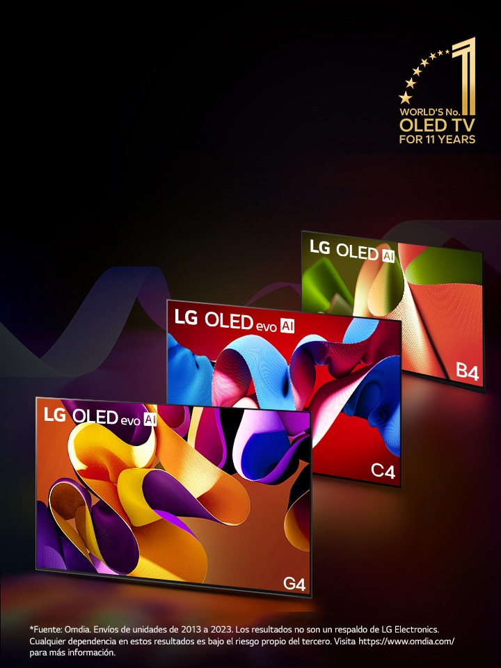 Televisores LG OLED evo C4, evo G4 y B4 colocados uno junto a otro en línea sobre a un fondo negro con espirales de colores. El emblema “OLED TV número 1 en el mundo durante 11 a?os” está en la imagen.  Aviso legal: “Fuente: Omdia. Envíos de unidades de 2013 a 2023. Los resultados no son un respaldo de LG Electronics. Cualquier dependencia en estos resultados es bajo el riesgo propio del tercero. Visita?https://www.omdia.com/?para más información”.