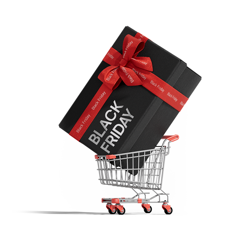 Banner de la promoción Black Friday de LG con el texto 'Upgrade Your Lifestyle' y una caja de regalo con cinta roja en un carrito de compras.