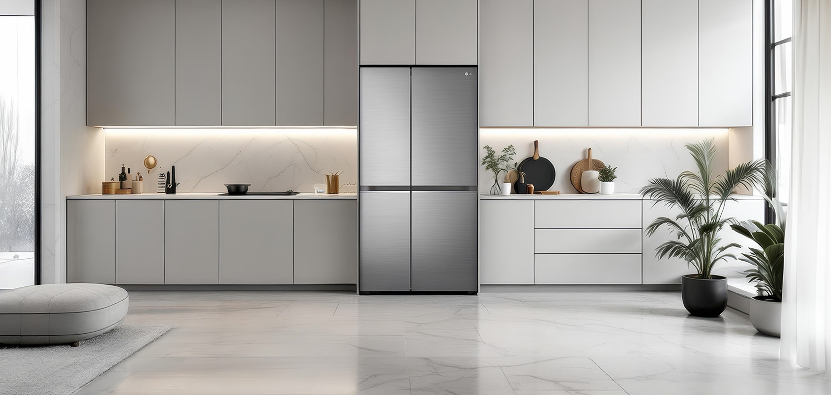 Cocina moderna con refrigerador LG con tecnología InstaView y dise?o minimalista.