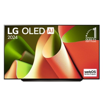 Vista frontal con LG OLED TV, OLED B4, 11 a?os del emblema OLED número 1 del mundo y logotipo de webOS Re:New Program en pantalla con soporte de 2 polos