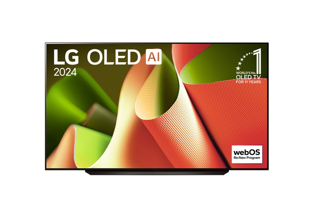 Vista frontal con el LG OLED TV, OLED AI B4, el emblema de 11 a?os como líder mundial OLED y el logotipo de webOS Re:New Program en la pantalla con soporte de 2 polos