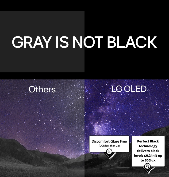 La Vía Láctea llena el cielo nocturno sobre una escena de un ca?ón. Sobre la imagen, "el gris no es negro" está escrito en mayúsculas blancas sobre un fondo negro. La pantalla está dividida en dos lados y tiene la leyenda "Otros" y "LG OLED". El otro lado es notablemente más oscuro y tiene menos contraste, mientras que el lado LG OLED es brillante y tiene un alto contraste. El lado LG OLED también cuenta con las certificaciones de tecnología Discomfort Glare Free y Perfect Black.