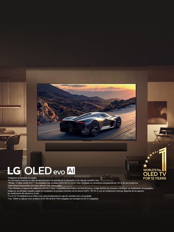Elegante sala de estar con LG OLED evo M5 TV montada en la pared. Una LG Soundbar debajo de esta. Caja de conexión cero oculta debajo de una mesa de apoyo. No hay cables visibles, lo que demuestra la tecnología True Wireless de la TV. Se puede ver el emblema “OLED TV, número uno del mundo durante 12?a?os” y el logotipo de LG OLED evo AI. 