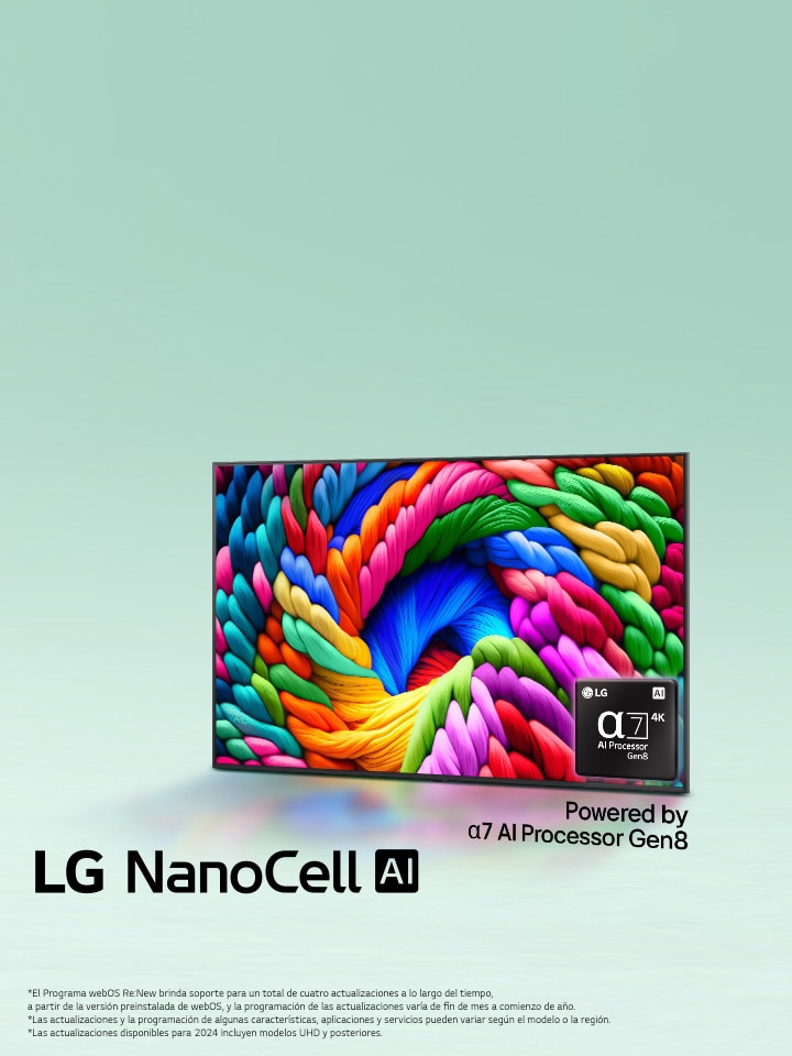 LG NanoCell TV se encuentra ligeramente inclinada hacia la izquierda y muestra hilos de colores. El logotipo del procesador alpha?7 AI Gen8 aparece integrado en la esquina inferior derecha de la televisión. El fondo es un degradado verde azulado claro. También puede verse el texto: Con la tecnología del procesador alpha?7 AI Gen8.
