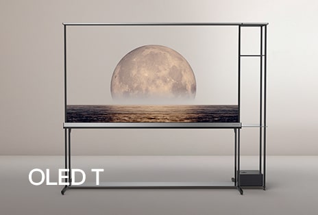 LG SIGNATURE OLED T en el vestíbulo mostrando un fondo en la pantalla transparente. 