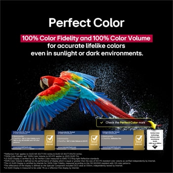 Un loro colorido en ultra alta definición sobre un fondo negro. A su alrededor hay gotas de agua suspendidas en el aire. La imagen muestra un Color Perfecto, ya que cada tono diferente del cuerpo del loro es vibrante y vívido. El fondo oscuro con salpicaduras de agua detalladas también resalta cómo la pantalla está libre de reflejos. Se observan diferentes certificaciones de logotipos de UL e Intertek. Estos se refieren a su 100?% de fidelidad de color, 100?% de volumen de color y su afirmación de ausencia de reflejos. También se observa un texto: Verifica la marca de certificación Color Perfecto.