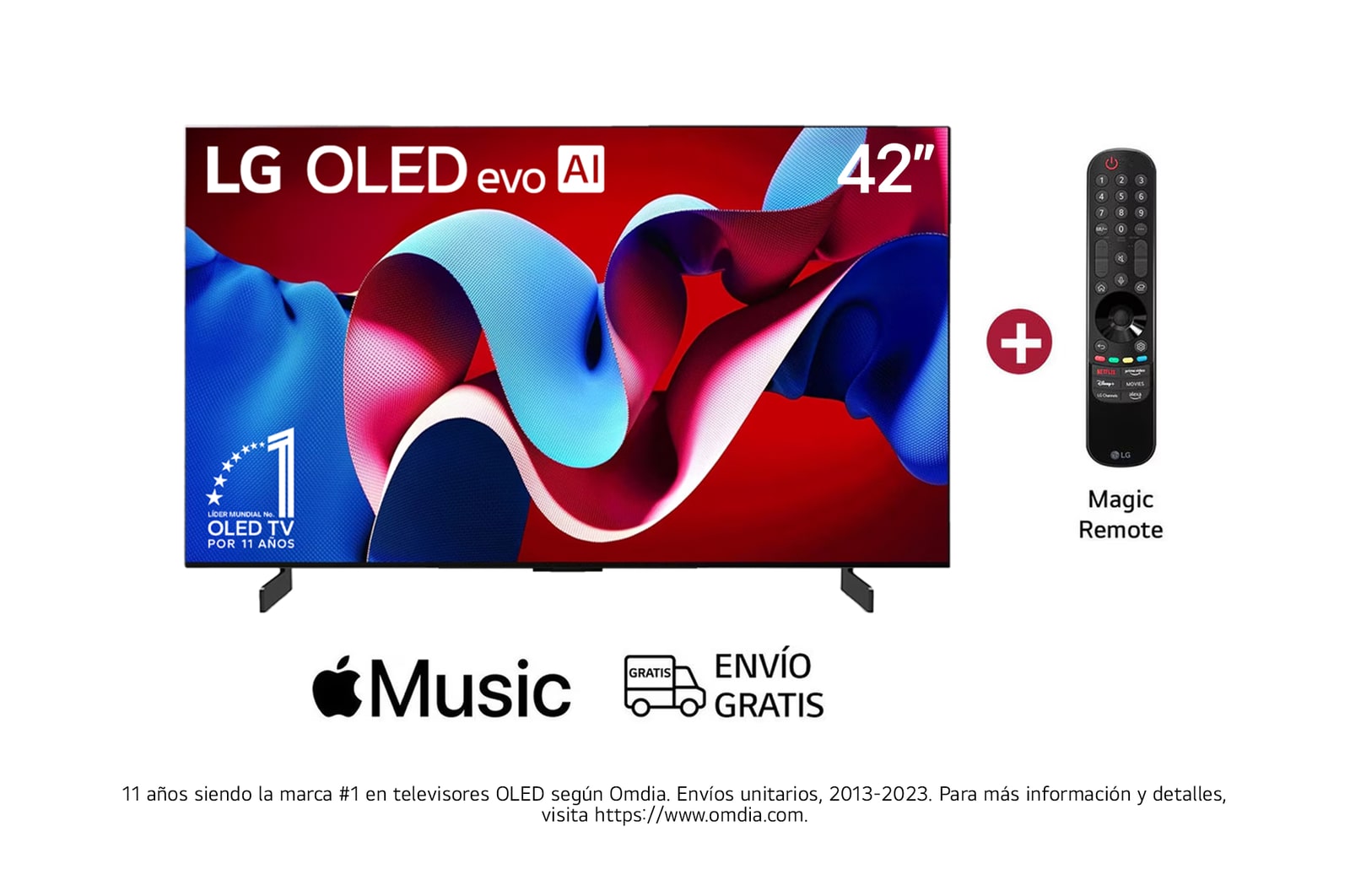 Vista frontal con LG OLED evo y el emblema OLED número 1 del mundo de 11 a?os en la pantalla