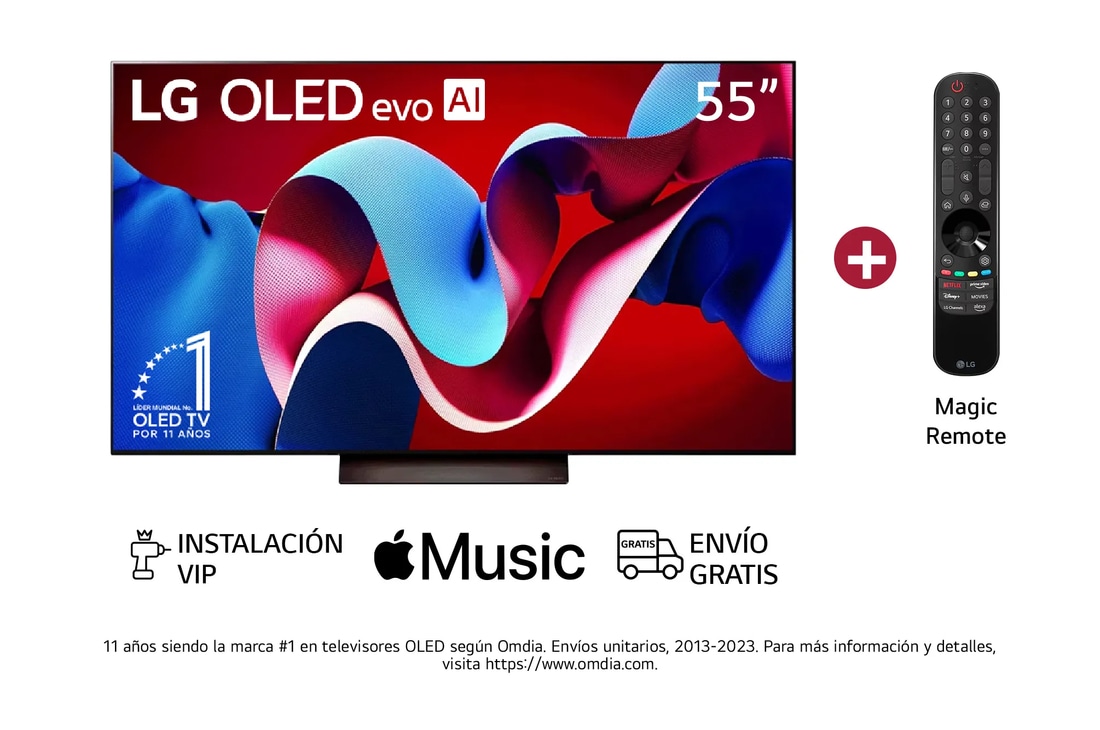 Vista frontal con LG OLED evo AI 55", incluye Magic Remote
