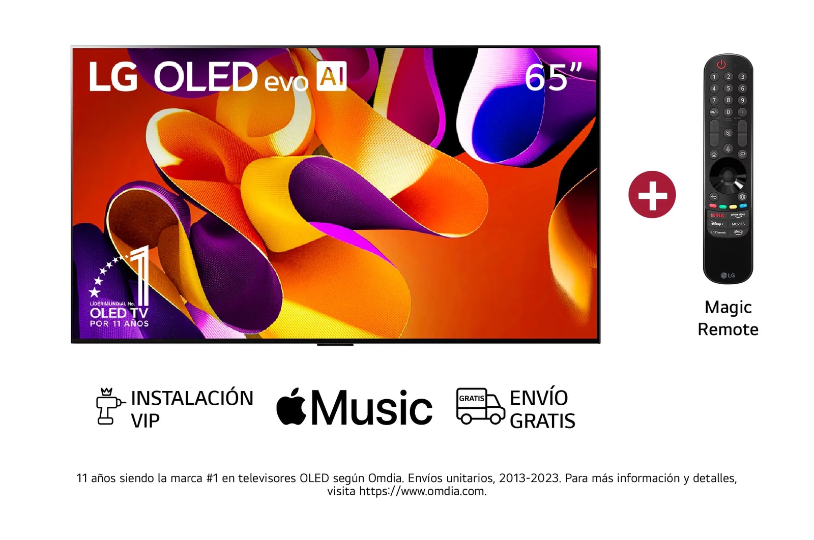 Vista frontal con LG OLED evo TV, OLED G4 evo AI 65", incluye Magic Remote