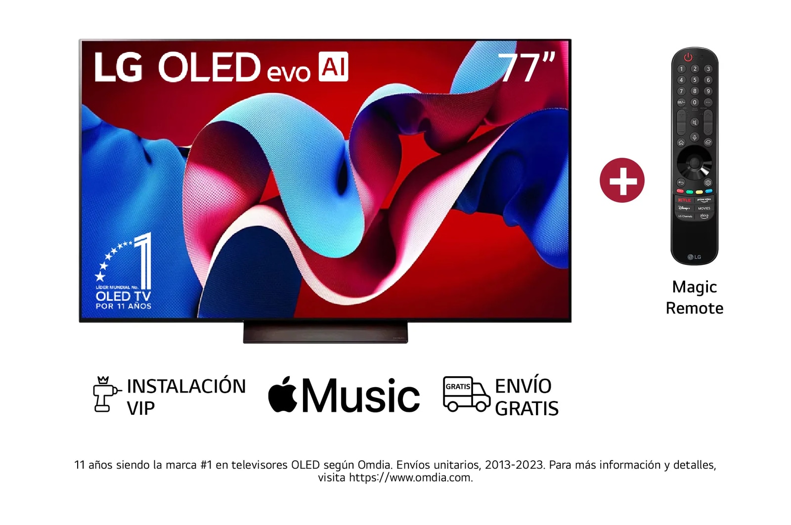 Vista frontal con LG OLED evo IA 77", incluye Magic Remote,  y el emblema OLED número 1 del mundo de 11 a?os en la pantalla.