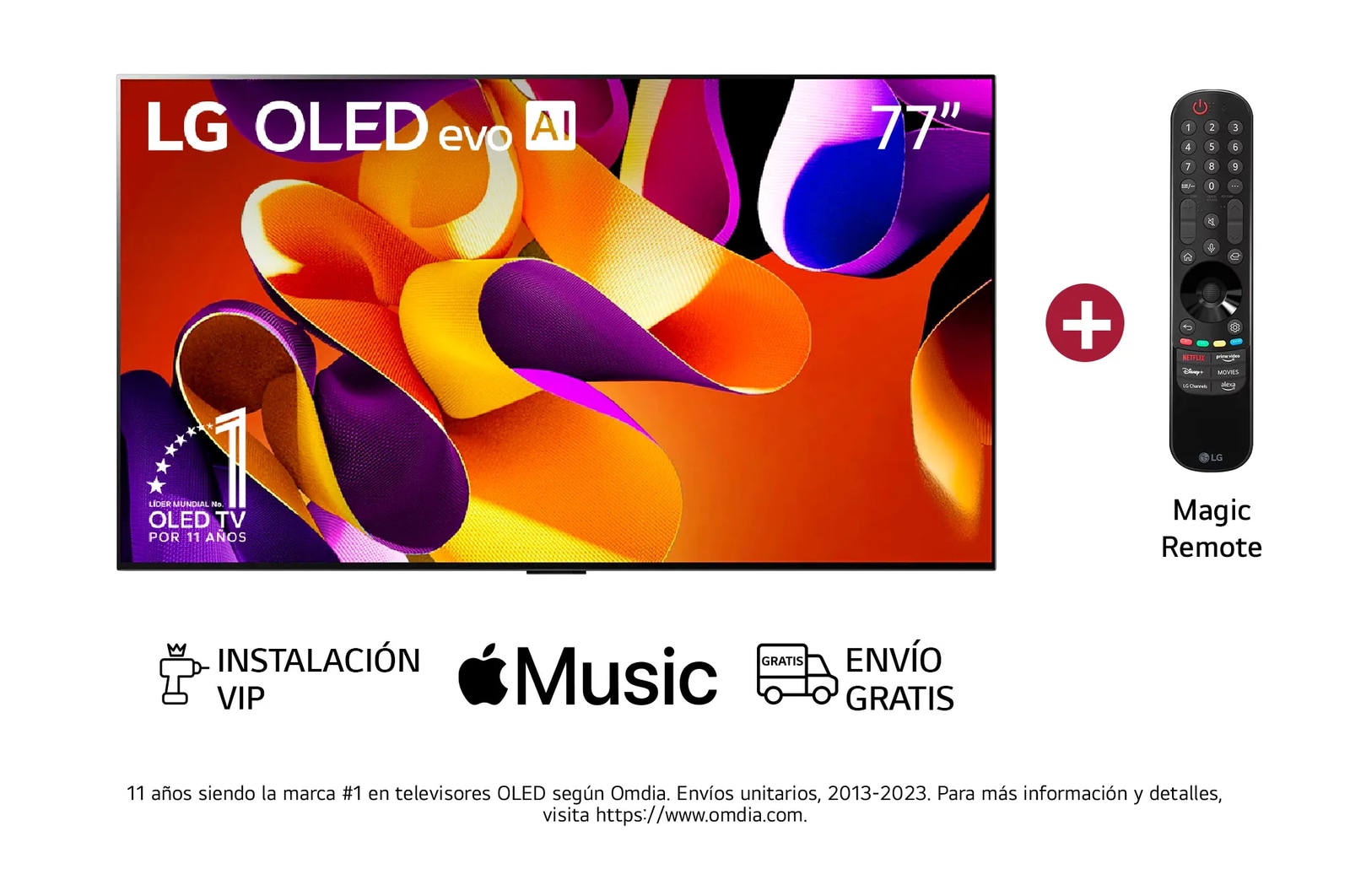 Vista frontal con LG OLED evo TV, OLED G4 evo AI,  incluye Magic Remote, y el emblema de 11 a?os de OLED número 1 del mundo y el logotipo de 5 a?os de garantía del panel en la pantalla