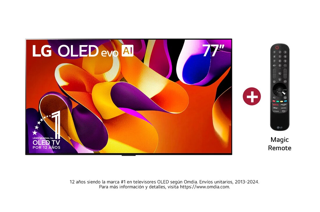 Vista frontal con LG OLED evo TV, OLED G4 evo AI, incluye Magic Remote, y el emblema de 11 a?os de OLED número 1 del mundo y el logotipo de 5 a?os de garantía del panel en la pantalla