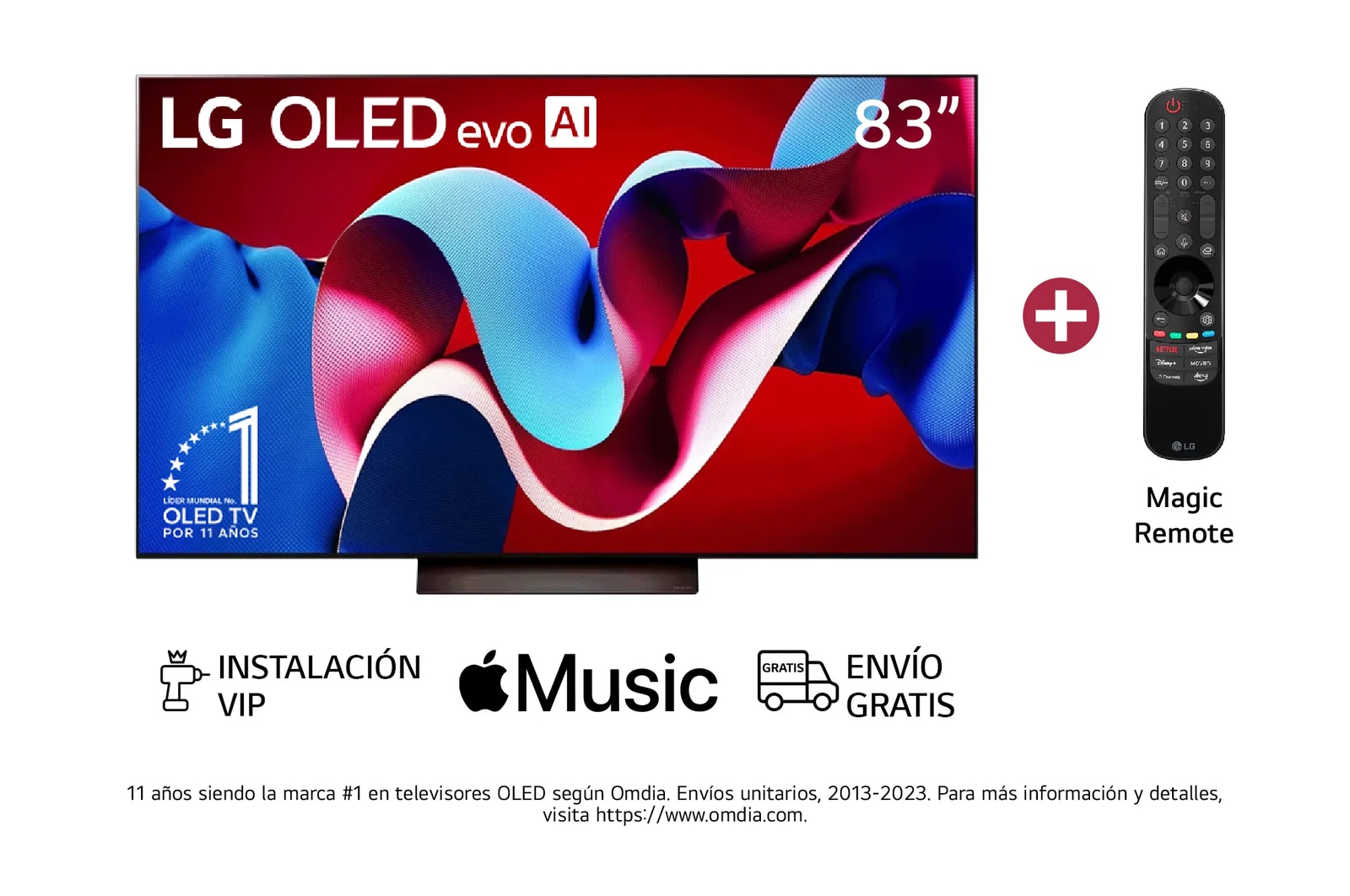 Vista frontal con LG OLED evo AI 83", incluye Magic Remote, y el emblema OLED número 1 del mundo de 11 a?os en la pantalla