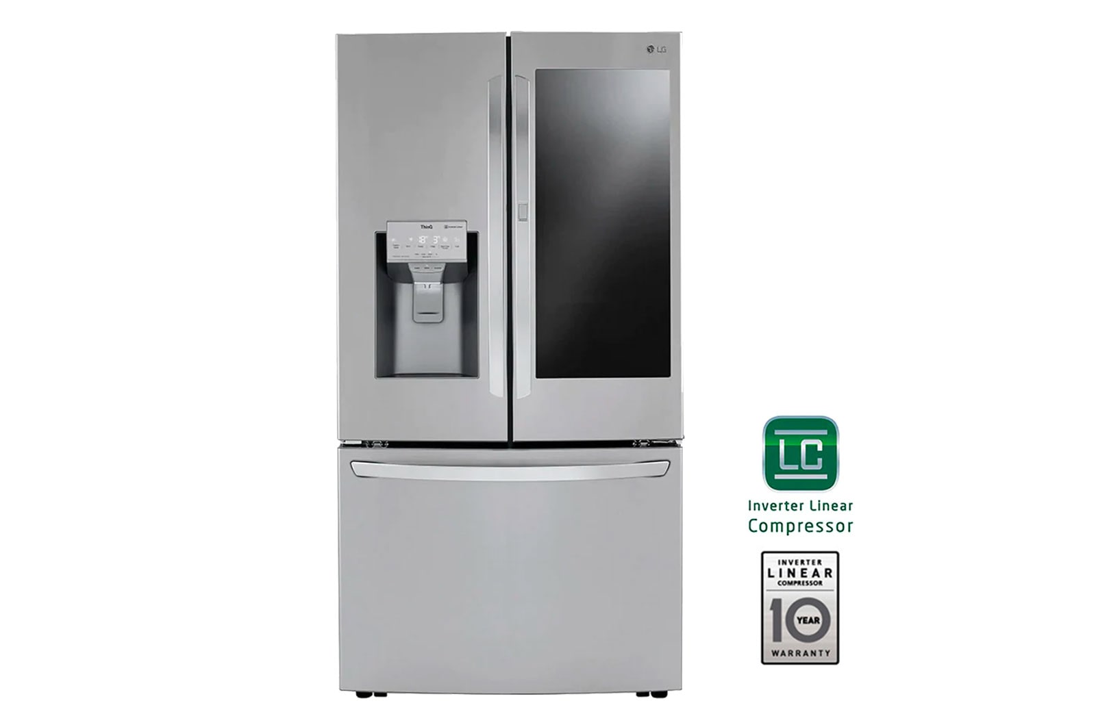 Vista frontal de Nevecón LG InstaView Door in Door, ThinQ, Side by Side, capacidad 836 LTS, Inverter Linear Compresor LM82SXS