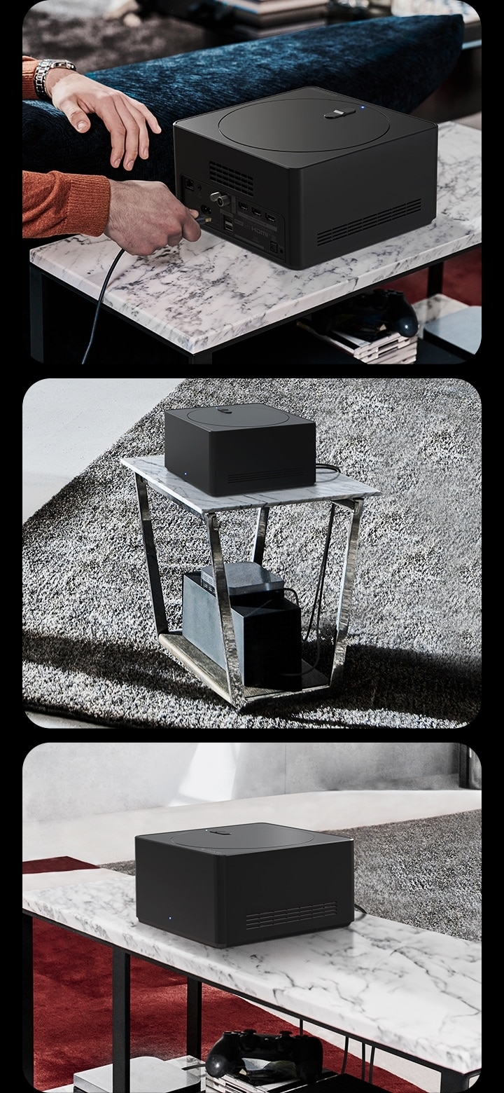 Tres imágenes muestran una Zero Connect Box. La primera muestra un cable conectado a la Zero Connect Box. La segunda muestra una Zero Connect Box encima de una mesa peque?a con dispositivos debajo. La tercera muestra una Zero Connect Box encima de una mesa grande con dispositivos y consolas debajo.