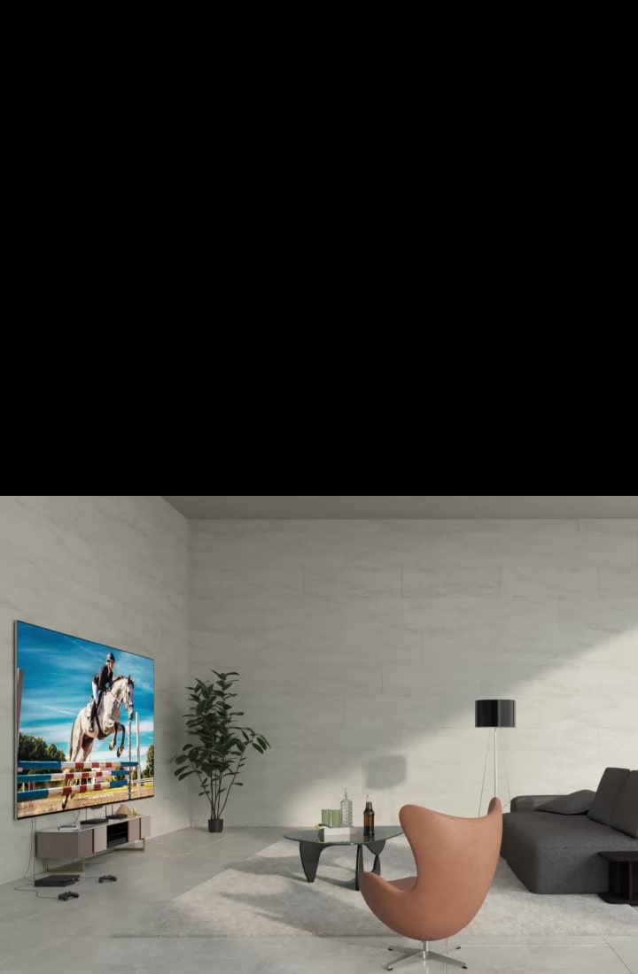 LG SIGNATURE OLED M4 montado en una pared y dispositivos conectados al televisor mediante cables desordenados debajo. Una línea gráfica blanca cruza la imagen, los dispositivos se desvanecen y aparece una Zero Conenct Box sobre una peque?a mesa. La imagen se oscurece brevemente y solo se resaltan el televisor y la Zero Connect Box. Todo se desvanece, luego el televisor y Zero Connect Box reaparecen resaltados en diferentes ubicaciones, esta vez el LG SIGNATURE OLED M4 sobre un soporte. La imagen vuelve a iluminarse. La imagen se oscurece una vez más y cuando se ilumina, el televisor está montado en una pared diferente.
