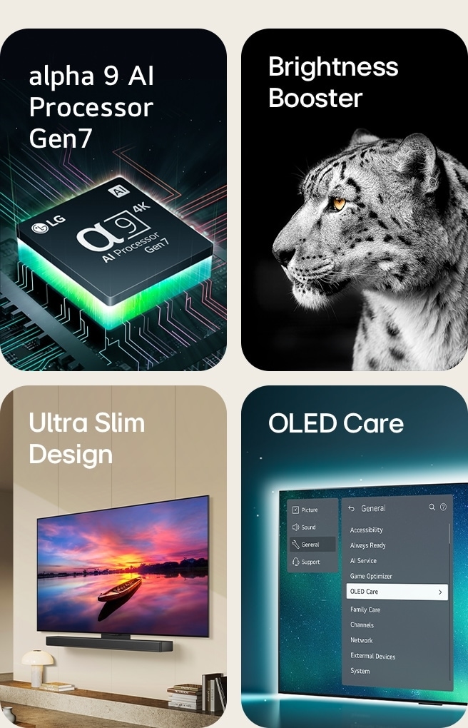Una imagen del procesador AI alpha 9 Gen7 encima de una placa base, emitiendo rayos de luz verdes. Una imagen que muestra Brightness Booster con una cara lateral de un leopardo blanco. Una vista lateral del dispositivo ultradelgado y listo para la barra de sonido LG colocados contra la pared en un espacio habitable moderno. Se selecciona una imagen del televisor OLED con el menú OLED Care en el menú de soporte que se encuentra arriba en la pantalla.