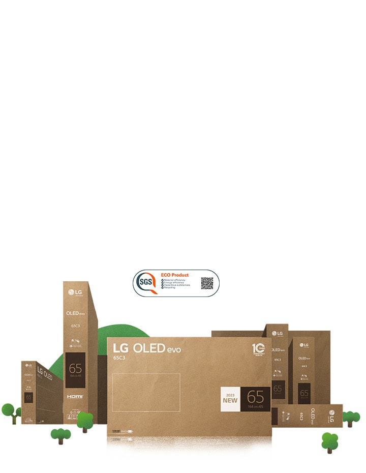 Empaque de cartón ecológico LG OLED representado alrededor de árboles y monta?as.