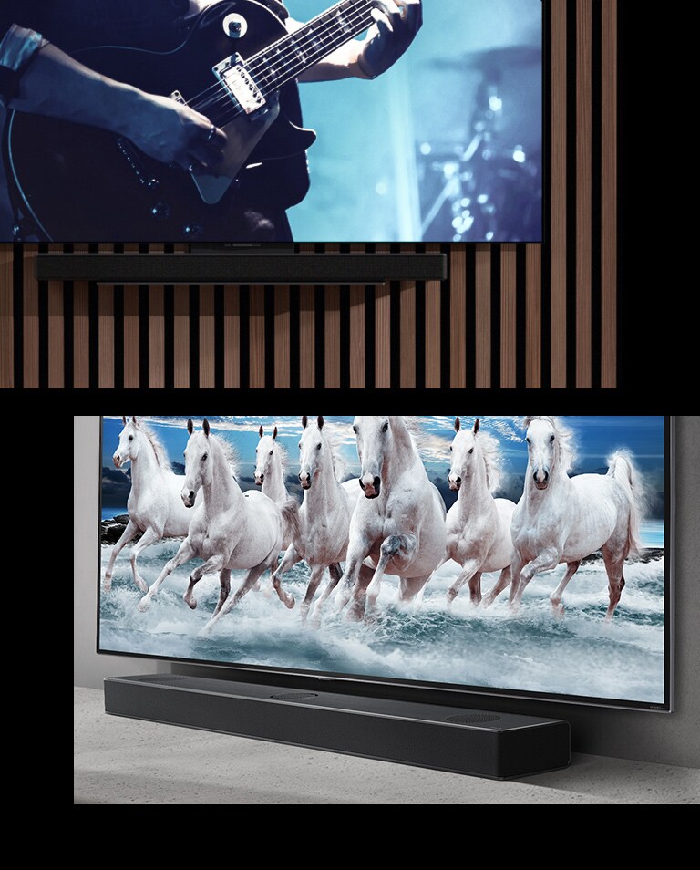 Una imagen de tarjeta que muestra el dise?o a juego de un televisor y una barra de sonido y la imagen de arriba muestra un televisor y una barra de sonido montados en la pared con una pantalla que muestra una escena de un guitarrista tocando bajo una luz azul, y debajo, un televisor y una barra de sonido en un estante con una pantalla que muestra la imagen de un caballo blanco corriendo en una playa azul.