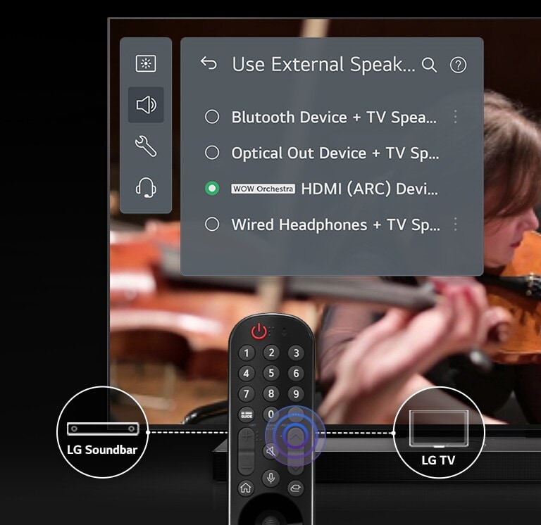 En la pantalla del televisor, se muestra una pantalla de 'Interfaz WOW' para usar la función 'Orquesta WOW'. Abajo, hay una imagen de un control remoto y elementos de dise?o gráfico para conectar el sonido a la barra de sonido o al televisor.