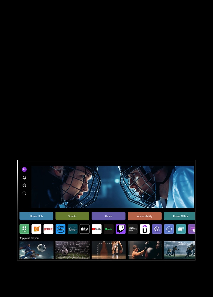 En LG TV-sk?rm visar sk?rmen My Profile. I den ?versta tredjedelen visas en banner f?r Tangible Wonders. Under bannern visas f?ljande knappar: Home Hub, Sports, Game, Accessibility, Home Office. Under knapparna visas f?ljande logotyper: LG Channels, Netflix, Prime Video, Disney+, Apple TV, YouTube, Spotify, Twitch, GeForce Now och Udemy. Under logotyperna visas 5 filmminiatyrer under texten "B?sta valen f?r dig".   En mark?r klickar p? det f?rsta "S"-et i det ?vre v?nstra h?rnet. En rullgardinsmeny f?r LG-konto ?ppnas och fem namn visas. Mark?ren klickar p? det andra namnet och miniatyrer och rekommenderat inneh?ll p? sk?rmen ?ndras.
