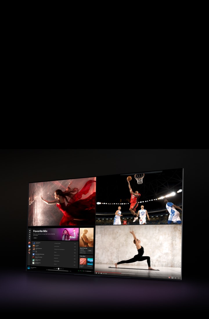 En LG TV visar en film, och sk?rmen ?r uppdelad s? att h?lften visar en film och ena sidan visar Spotify. Mark?ren klickar p? en knapp f?r att ta fram inst?llningspanelen f?r Multivy och klickar p? knappen Live TV, och Spotify-f?nstret ?ndras till en sk?rm som visar sportscenen. Ett tredje f?nster som visar en yogavideo p? YouTube glider in underifr?n. Sedan glider ett fj?rde f?nster som visar Spotify in underifr?n s? att sk?rmen visar olika inneh?ll i alla fyra fj?rdedelar.