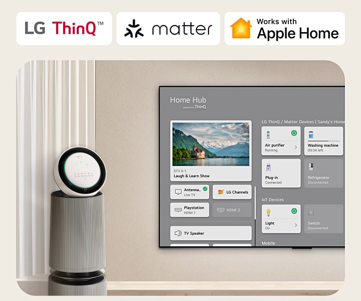 Un logotipo de LG ThinQ?, Matter y Apple Home.   Un LG TV montado en una pared y un LG PuriCare? Objet Collection 360° a la izquierda. El televisor muestra Home Hub y un cursor hace clic en "Purificador de aire" y se activa el LG PuriCare? Objet Collection 360°. 