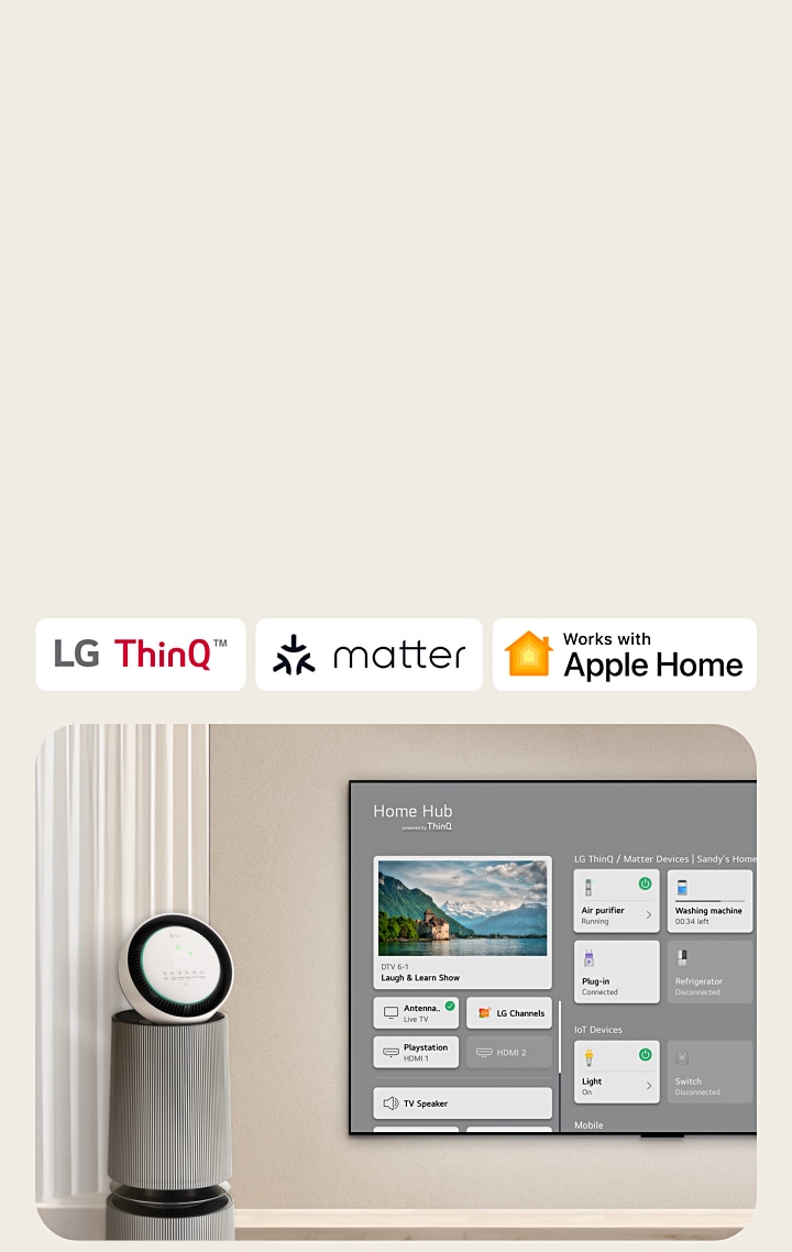 En logotyp f?r LG ThinQ?, matter och Apple Home.   En LG TV monterad p? en v?gg och en LG PuriCare? Objet Collection 360° till v?nster. TV:n visar Home Hub och en mark?r klickar p? "Luftrenare" och LG PuriCare? Objet Collection 360° aktiveras. 