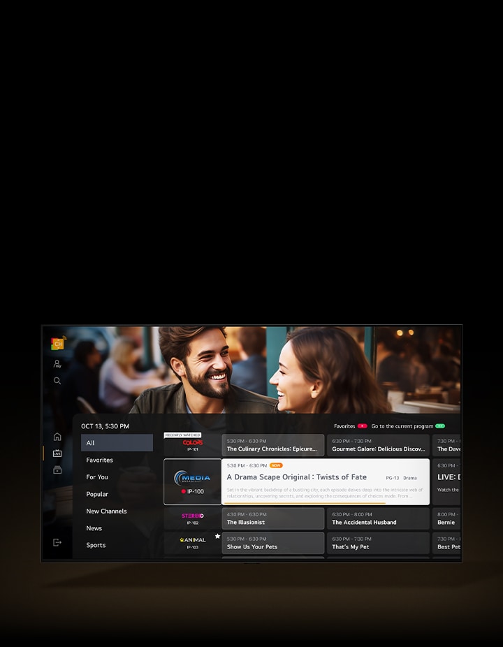 En LG TV har en ?verlagring av TV-schemat som visas ?ver TV-programmet som f?r n?rvarande spelas. 