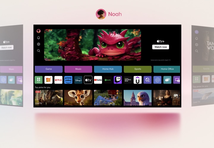 Detailní záběr obrazovky LG TV zobrazující tla?ítka Sport, Domácí kancelá?, Hry nad bannerem seriálu Vládcové nebes se oddálí a uká?e se, ?e okno je profil táty na domovské obrazovce systému webOS. Poté se oto?í na jinou domovskou obrazovku systému webOS a uká?e profil Noaha.