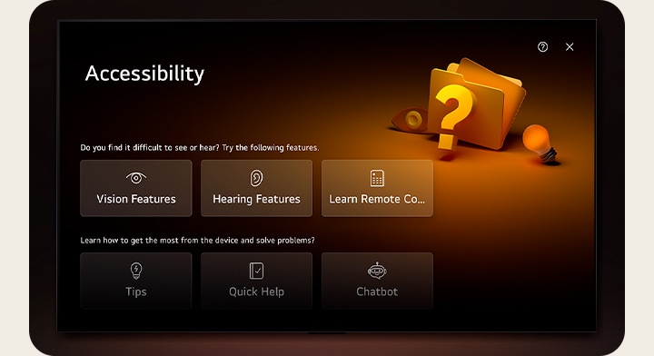 Detail obrazovky LG TV zobrazující tla?ítka Sport, Domácí kancelá?, Hry, Hudba, Accessibility, Home Hub pod bannerem seriálu Vládcové nebes. Po kliknutí kurzorem na tla?ítko Accessibility se obrazovka p?epne na nastavení p?ístupnosti.