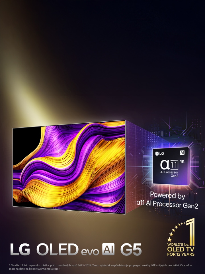Na obrazovce LG OLED evo AI TV se zobrazuje abstraktní obraz s p?sobivymi detaily, barvami a kontrastem. Za televizí je umístěna zvět?ená verze procesoru alpha 11 AI Gen2. Zá?í a osvětluje okolní obvody mikro?ipu. Titulek uvádí LG OLED evo AI. Je vidět i text o tom, ?e za?ízení vyu?ívá procesor LG alpha 11 AI Gen2. V rohu je zlaté logo s hvězdi?kami, na kterém je napsáno: ?Světová jedni?ka mezi televizory OLED TV ji? 12 let“.