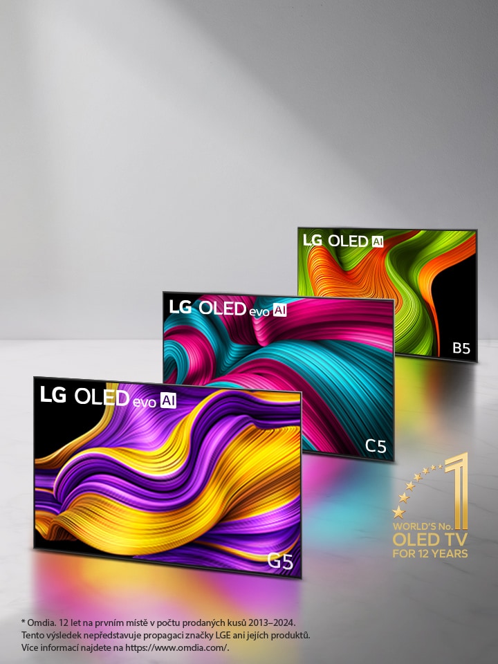 Sestava t?í televizor? LG OLED evo AI TV v ?adě, televizory C5, G5 a B5. Emblém světová jedni?ka mezi OLED TV ji? 12 let je v rohu. 
