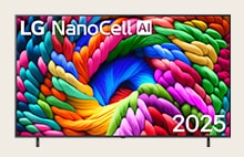 LG NanoCell TV s barevnym uměleckym dílem a názvem LG NanoCell AI 2025 zobrazenym na obrazovce.
