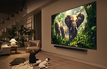 Dívka a pes sedí p?ed televizorem LG QNED TV umístěnym na stěně, ktery zobrazuje t?i slony krá?ející směrem ven nad soundbarem LG Soundbar.