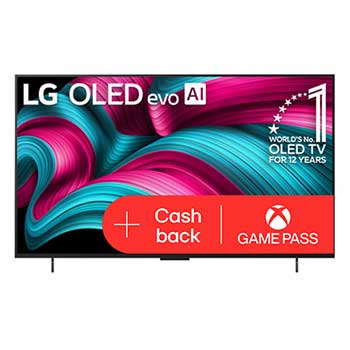 ?elní pohled na LG OLED evo AI C5 4K Smart TV. Na obrazovce je emblém 12 let světové jedni?ky OLED a logo LG OLED evo AI 2025.