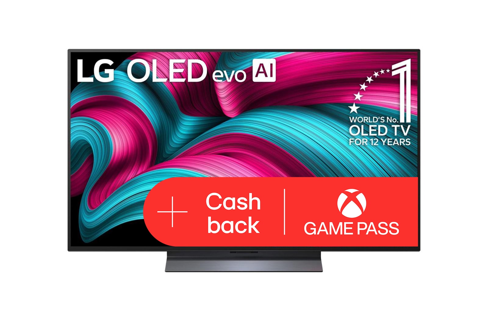 ?elní pohled na LG OLED evo AI C5 4K Smart TV. Na obrazovce je emblém 12 let světové jedni?ky OLED a logo LG OLED evo AI 2025.