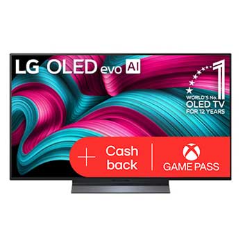 ?elní pohled na LG OLED evo AI C5 4K Smart TV. Na obrazovce je emblém 12 let světové jedni?ky OLED a logo LG OLED evo AI 2025.