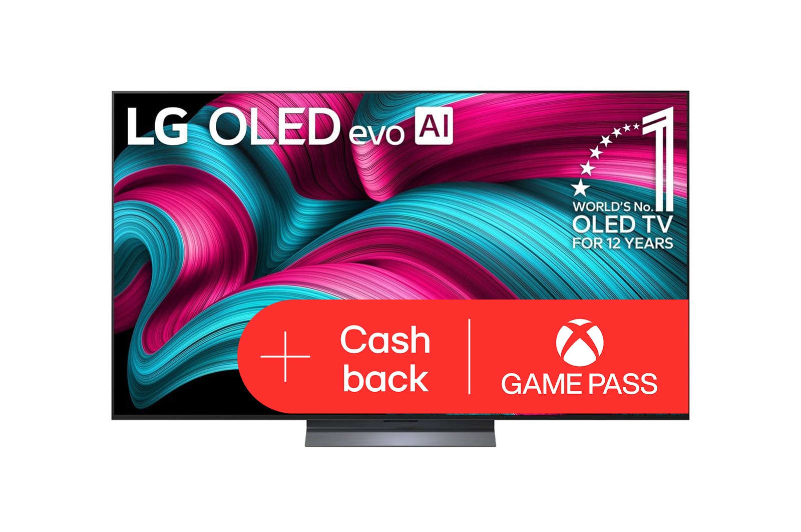 ?elní pohled na LG OLED evo AI C5 4K Smart TV. Na obrazovce je emblém 12 let světové jedni?ky OLED a logo LG OLED evo AI 2025.