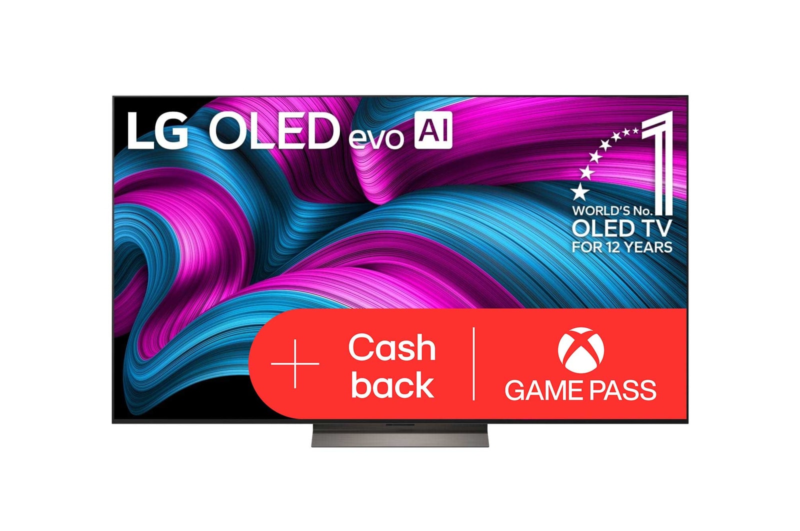?elní pohled na LG OLED evo AI C5 4K Smart TV. Na obrazovce je emblém 12 let světové jedni?ky OLED a logo LG OLED evo AI 2025.