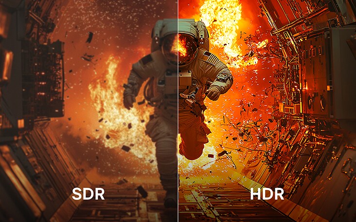 Scéna astronauta utíkajícího p?ed vybuchem, ktery se rozdělí na dvě poloviny. Na jedné straně jsou barvy a kontrast matné, co? je ozna?eno jako SDR. Na druhé straně je ostry a ?ivy, co? je ozna?eno jako HDR.