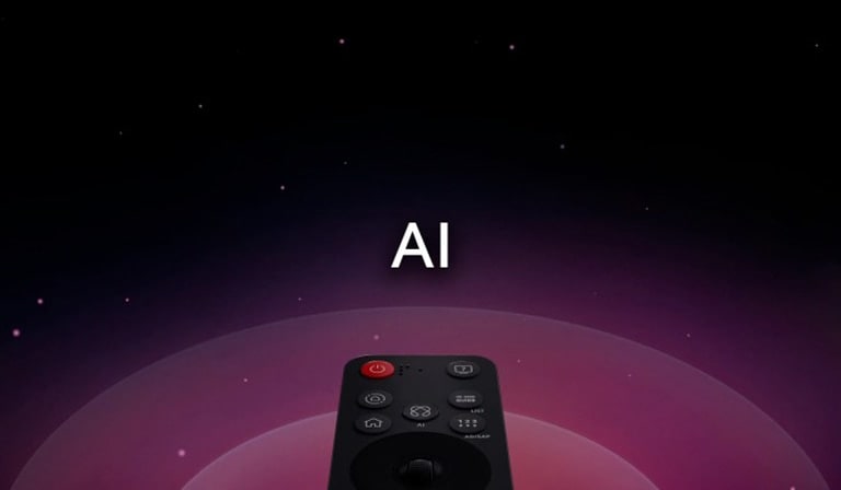 Dálkovy ovlada? LG AI Magic Remote se zvyrazněnym tla?ítkem AI. Je zde grafické znázornění u?ivatelského rozhraní s?ikonami, jak tla?ítko AI umo?ňuje u?ivatel?m p?ístup k?r?znym funkcím AI. Mezi tyto slu?by pat?í AI Voice ID, AI Search, AI Chatbot, AI Concierge, AI Picture Wizard a AI Sound Wizard. Funkce jsou pak p?edvedeny tak, ?e se kurzor objeví nad rozhraním a uká?e, jak lze dálkovy ovlada? pou?ívat jako my? typu air mouse, kdy sta?í jen ukázat a kliknout.