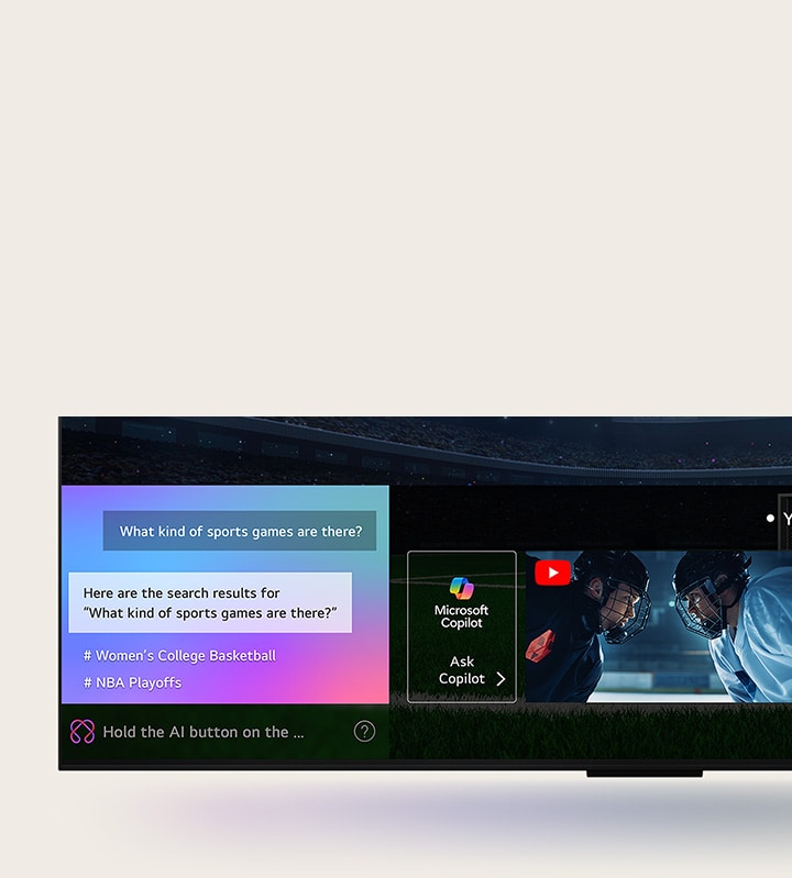Detail obrazovky televizoru LG OLED TV zobrazující, jak funguje funkce AI Search. Otev?e se malé okno chatu, ve kterém se zobrazí, jak se u?ivatel ptal na nabídku sportovních her. AI vyhledávání reagovalo prost?ednictvím chatu a zobrazováním miniatur dostupného obsahu. Zobrazí se také vyzva, abyste se obrátili na Microsoft Copilot.