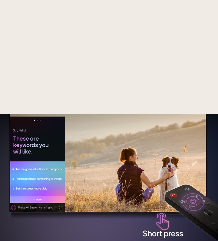 Dálkovy ovlada? LG AI Magic Remote p?ed obrazovkou LG TV. Na obrazovce je personalizovany pozdrav od LG AI s?vlastními klí?ovymi slovy zalo?enymi na u?ivatelově historii vyhledávání a sledování. U?ovlada?e se nachází ikona a ozna?ení znázorňující, ?e funkci AI Concierge lze jednodu?e aktivovat jedním krátkym stisknutím AI tla?ítka.