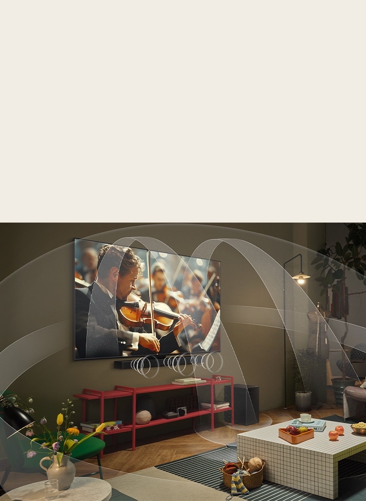 Obyvací pokoj s LG OLED TV a LG Soundbar s grafikou znázorňující, jak obě za?ízení naplňují místnost prostorovym zvukem.