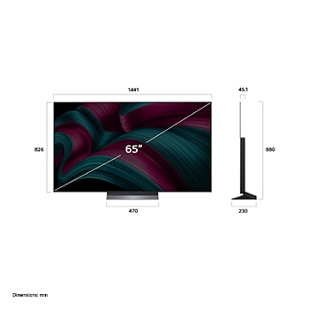 Pohled zep?edu a z boku na LG OLED evo AI C5 4K Smart TV s rozměry na délku, ?í?ku, vy?ku a hloubku.
