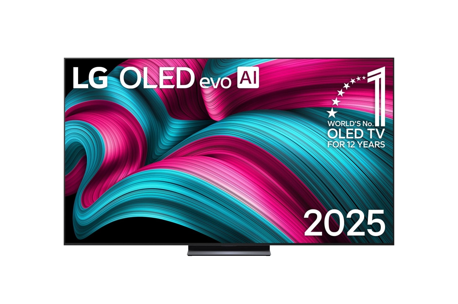 ?elní pohled na LG OLED evo AI C5 4K Smart TV. Na obrazovce je emblém 12 let světové jedni?ky OLED a logo LG OLED evo AI 2025.